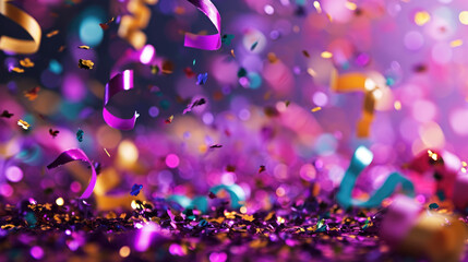 Wall Mural - Festive explosion of colorful confetti in mid-air, with a blurred background enhancing the sense of movement and celebration.