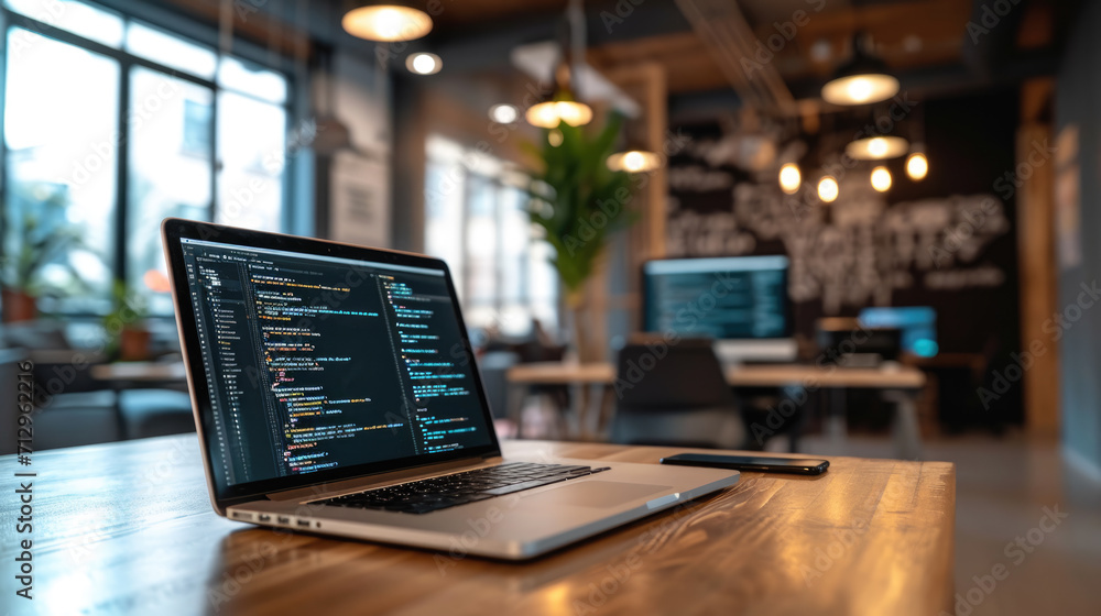 Laptop with code on the screen is placed on a wooden table in a modern ...