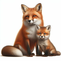 Wall Mural - Red fox vulpes and baby fox isolated on white background 