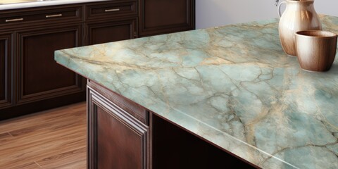 Poster - Kitchen counter top featuring a unique aqua green printed marble slab, with a metallic tile pattern and rustic marble carpet texture in various colors.