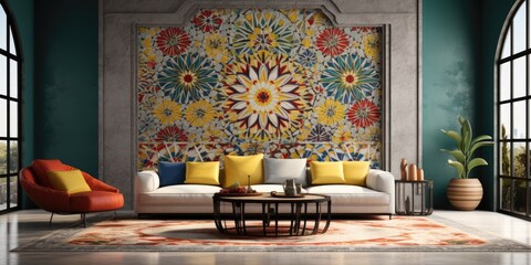 Sticker - Luxurious Moroccan-inspired decor with creative tile and a glamorous, multi-colored floral pattern for seamless wall decoration in the home.