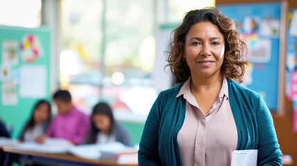 Poster - Female teacher is standing in a classroom holding papers, with students in the background engaged in their studies.