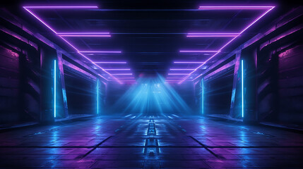 Wall Mural - laser show club dark neon sci fi futuristic retro purple blue glowing garage stage tunnel room 3D