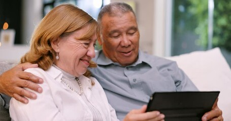 Poster - Old people, couple with tablet and relax on couch for communication, video or picture on social media for memory. Conversation, digital and retirement together, internet and browsing while at home