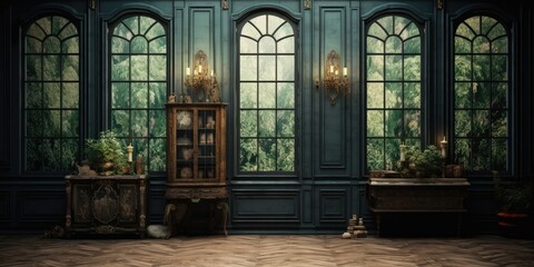 Wall Mural - Dark-colored vintage room interior with antique windows and doors.