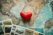 Travel Lovers Concept, Vintage Camera and Map, Romantic Adventure Theme, vintage map with heart, Valentine's day concept, copyspace for text