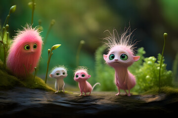 green aliens meet friendly pink tiny fluffy creatures