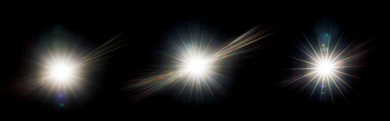 Aufkleber - Easy to add lens flare effects for overlay designs or screen blending mode to make high-quality images. Abstract sun burst, digital flare, iridescent glare over black background.