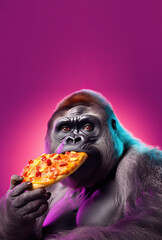 Poster - A goofy gorilla with funny expressions eating pizza