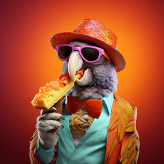 Poster - A stylish parrot in sunglasses savoring a hot dog