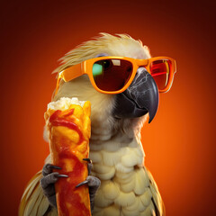 Wall Mural - A stylish parrot in sunglasses savoring a hot dog