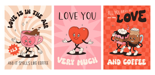 Wall Mural - Valentine's Day set of vintage posters. Happy and cheerful retro mascots. Old animation 50s 60s 70s, groovy cartoon characters of coffee sweets and hearts, donut, cupcake, espresso, latte, present