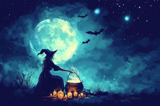 A witch stirring a cauldron with a full moon and bats in the night sky Halloween witch with potion and cauldron