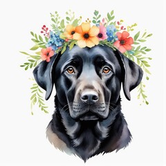 Watercolor black labrador retriever dog with floral wreath on head