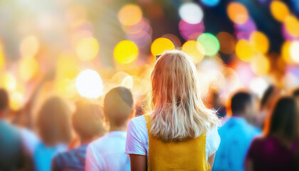 Femme blonde de dos à un concert d'un festival de musique, avec gens devant la scène éclairée, la foule danse et écoute le spectacle. Espace de copie flou pour titre ou texte.