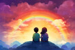 Illustration of two children friends sitting under a rainbow. happy childhood concept. Created with Generative AI