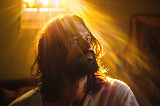Portrait of Jesus Christ in heaven light