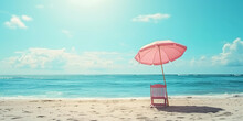 Little Pink Parasol And Chair On The Beach Summer