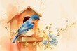 illustration of watercolor bird box with flowers and bluebird