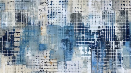 Wall Mural - Generative AI, vintage grunge blue and white collage background. Different textures and shapes	
