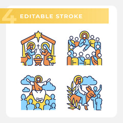 Sticker - Ministry of Jesus RGB color icons set. Palm sunday and Last Supper. Christian stories. Holy figures. Isolated vector illustrations. Simple filled line drawings collection. Editable stroke