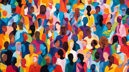 Diverse cultural harmony: vibrant seamless pattern of colorful people crowd in abstract art. Multicultural community background in modern collage painting style

