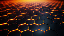 Abstract Background With Black Glowing Honeycomb Hexagons And Fiery Orange Backlight