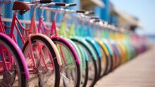 Vibrant Array Of Bicycles Lined Up At Outdoor Bike Rack   Cycling Haven