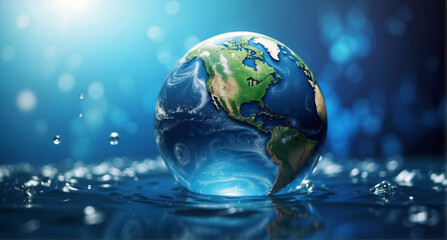 earth in water with bright blue bokeh background, world water day banner concept
