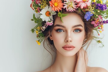 Beauty woman portrait with wreath from flowers on head over white background