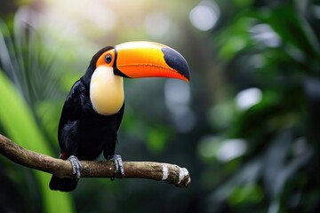 Toucan sitting on a branch in the rainforest. Generative AI