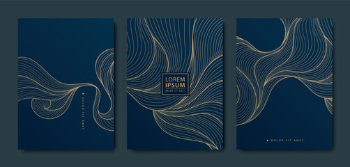 Wall Mural - vector set of gold pattern backgrounds, wave design curve templates, elegant linear graphic. dark el