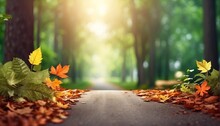 Forest Leaves Road Decoration With Soft Focus Light And Bokeh Background