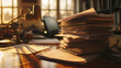 A large stack of documents on the office desk. Evening lighting, overtime concept, workload. Photorealistic, background with bokeh effect. 