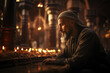 Religious muslim man praying in the mosque with candles, month of Ramadan Kareem. ai generated