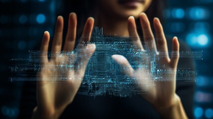 Wall Mural - tech fusion: double exposure of woman's hands with digital coding icons - data development concept