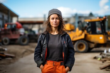 a woman engineer, builder or architect in a helmet against the background of a construction site