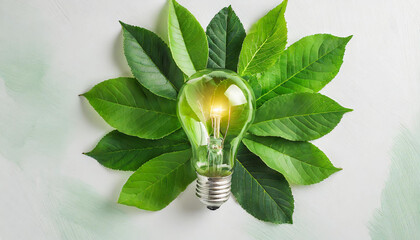 Wall Mural - green eco friendly lightbulb from fresh leaves top view. energy saving, ecology and environment sust