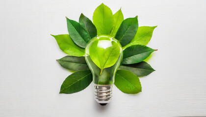 Wall Mural - green eco friendly lightbulb from fresh leaves top view. energy saving, ecology and environment sust