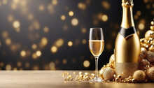 Golden Champagne And Glass Decoration With Soft Focus Light And Bokeh Background