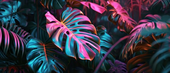 Neon Monstera deliciosa leaves growing in tropical forest for creative design elements. Generative AI