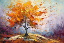 Original Landscape Painting Of Autumn Tree With Foliage In Impressionistic Style. Generative AI