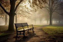 A Bench Surrounded By Mist In A Tranquil Park. Generative AI