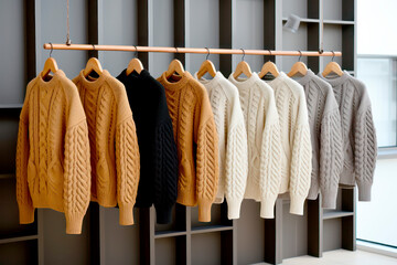 Row of different colorful Knitted warm sweaters hang on hangers, Rack with stylish women's clothes autumn colored. Clothes for cold wether.