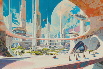 Sticker - Retrofuturistic landscape in mid-century sci-fi style. Retro science fiction scene with futuristic city buildings