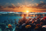 Fototapeta Fototapety do akwarium - sunset under water in the ocean with beautiful Coral reefs wallpaper