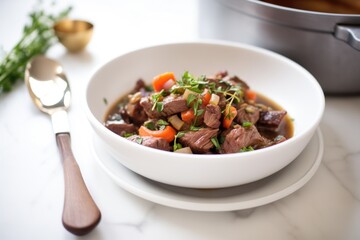 Poster - beef bourguignon in a white bowl with a spoon on the side