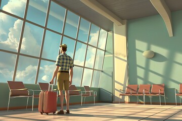 Man in airport - relocation moving cartoon illustration, world travel nomad new home