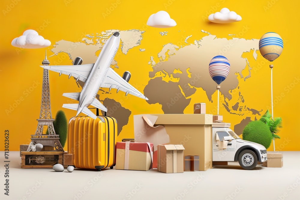 Relocation truck cartoon moving illustration, world map and airplane ...