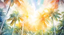 Watercolor Painting Of Beautiful Natural Palm Trees In The Tropics With Bokeh Sunlight Abstract Background. Generative Ai
